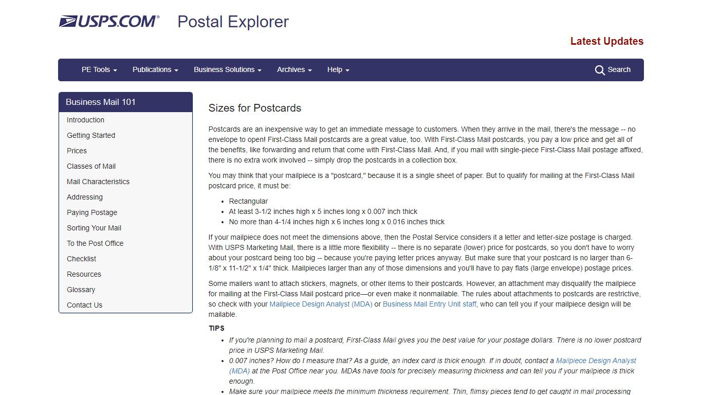 Sizes for Postcards | Postal Explorer - USPS